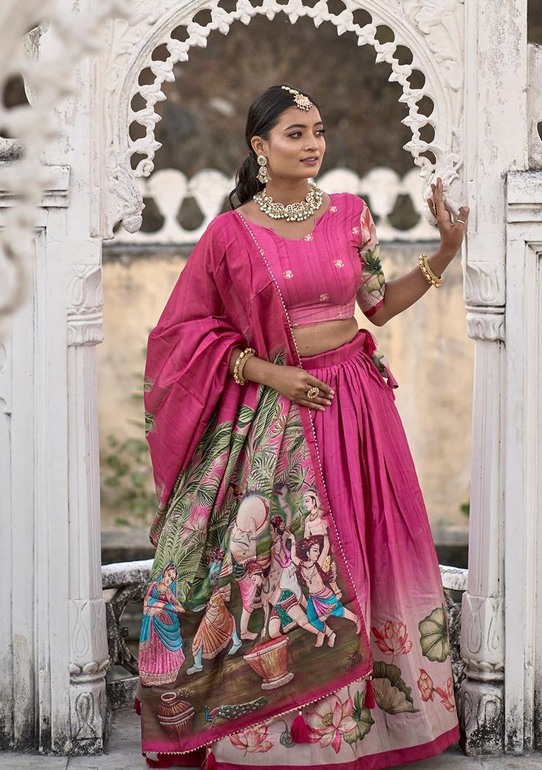 Pink Printed Silk Lehenga Set With Dupatta
