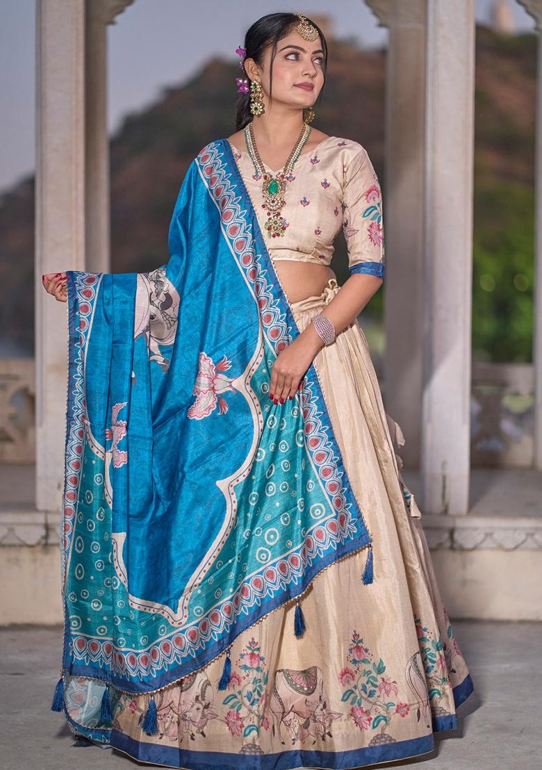 Beige Printed Silk Lehenga Set With Dupatta