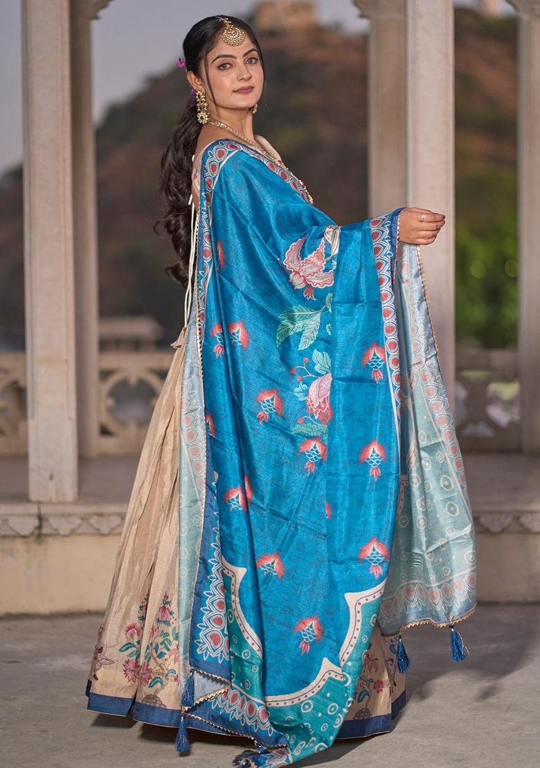 Beige Printed Silk Lehenga Set With Dupatta