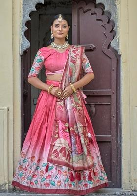 Peach Printed Silk Lehenga Set With Dupatta