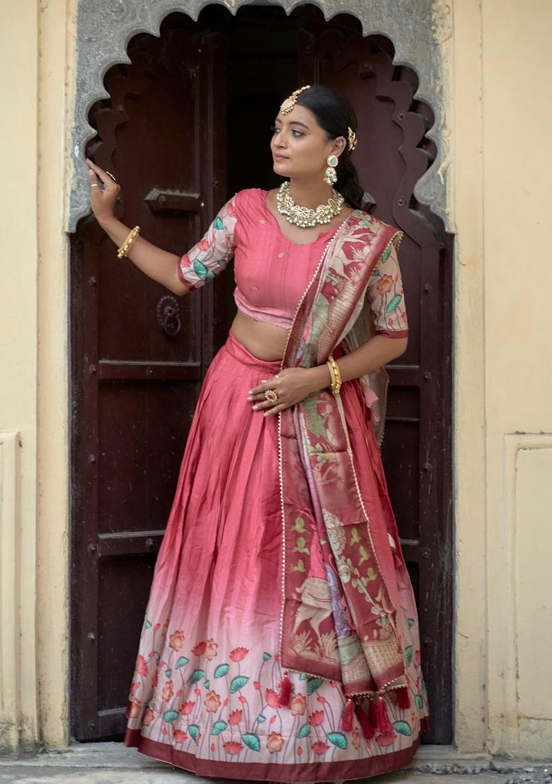 Peach Printed Silk Lehenga Set With Dupatta
