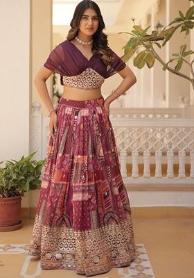 Purple Embroidered Silk Lehenga Set With Dupatta