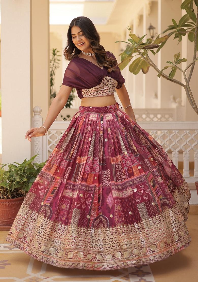 Purple Embroidered Silk Lehenga Set With Dupatta