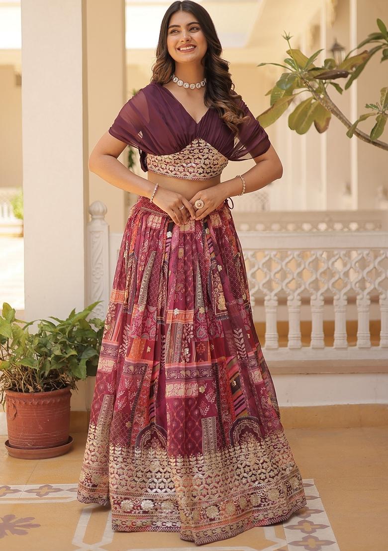 Purple Embroidered Silk Lehenga Set With Dupatta