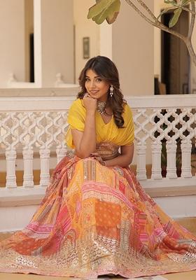 Yellow Embroidered Silk Lehenga Set With Dupatta