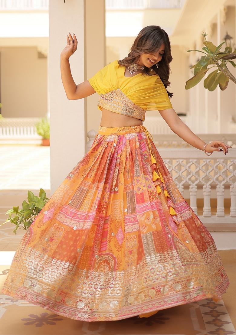 Yellow Embroidered Silk Lehenga Set With Dupatta