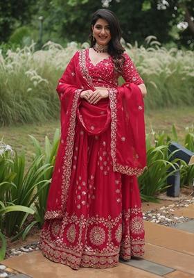 Pink Embroidered Silk Lehenga Set With Dupatta