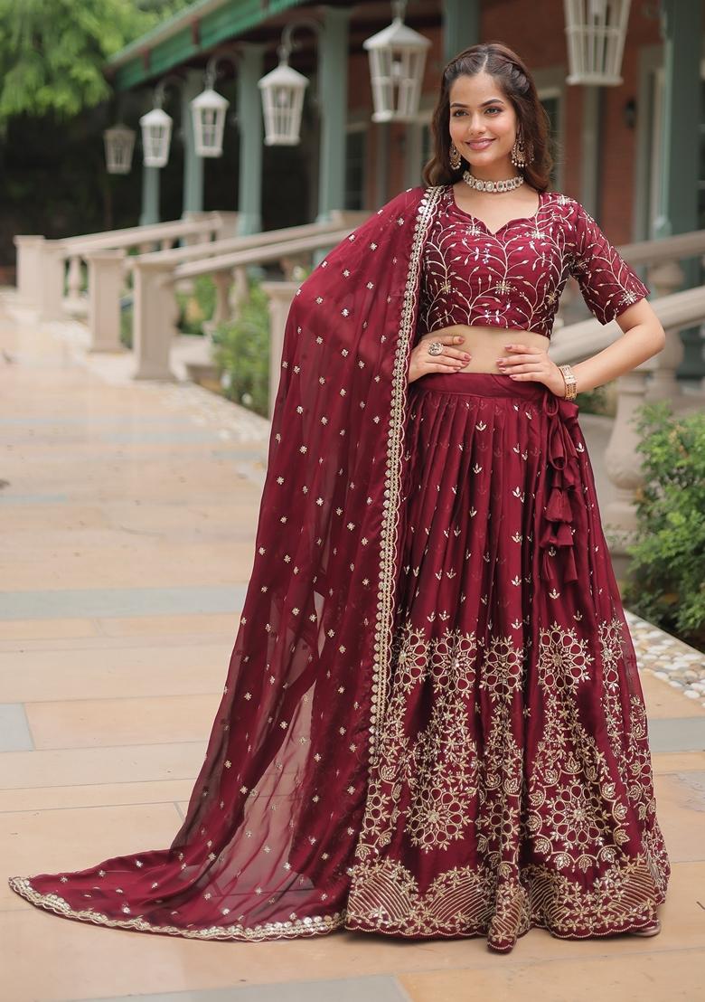 Maroon Embroidered Silk Lehenga Set With Dupatta