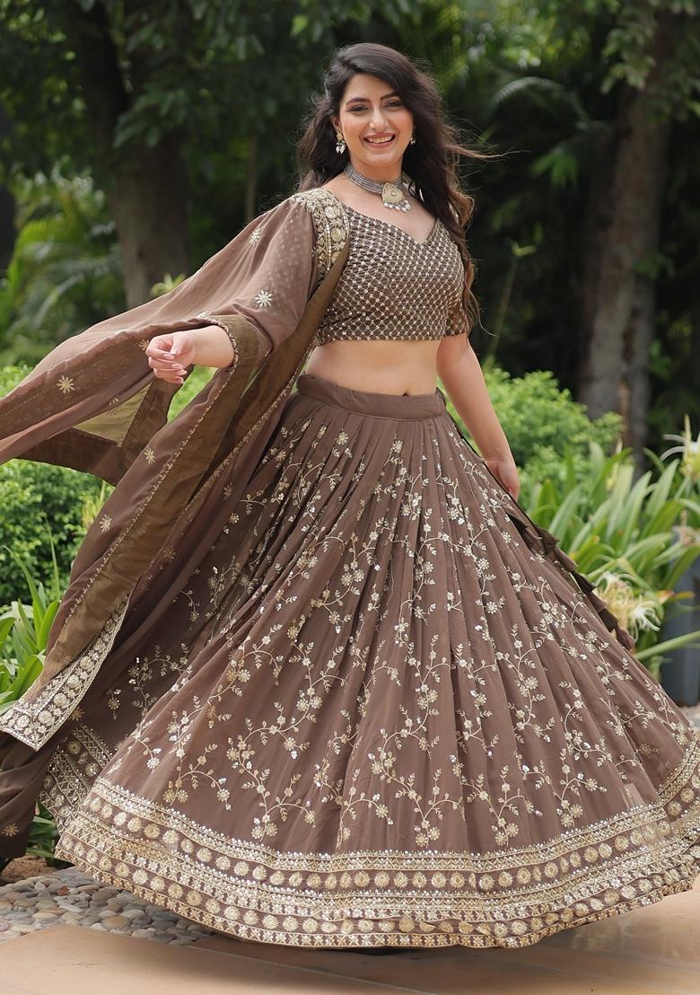 Chiku Brown Embroidered Georgette Lehenga Set With Dupatta