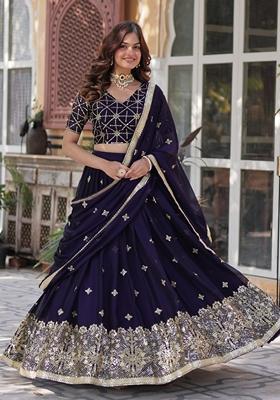 Violet Embroidered Silk Lehenga Set With Dupatta