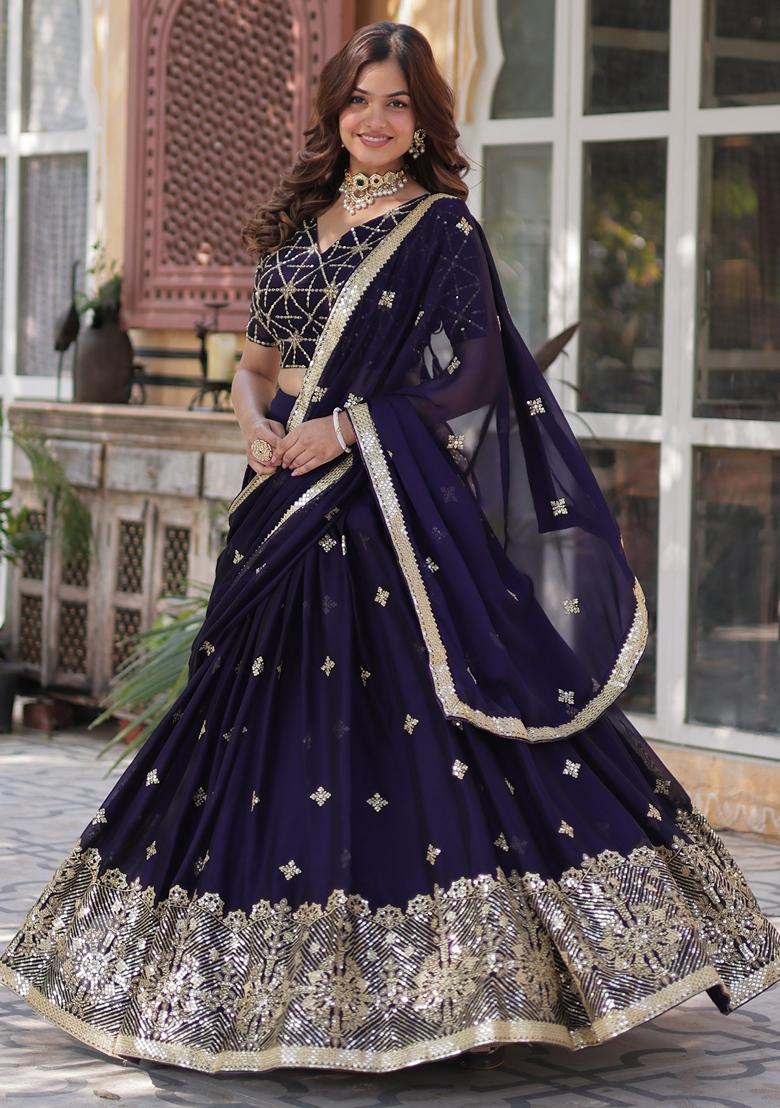 Violet Embroidered Silk Lehenga Set With Dupatta