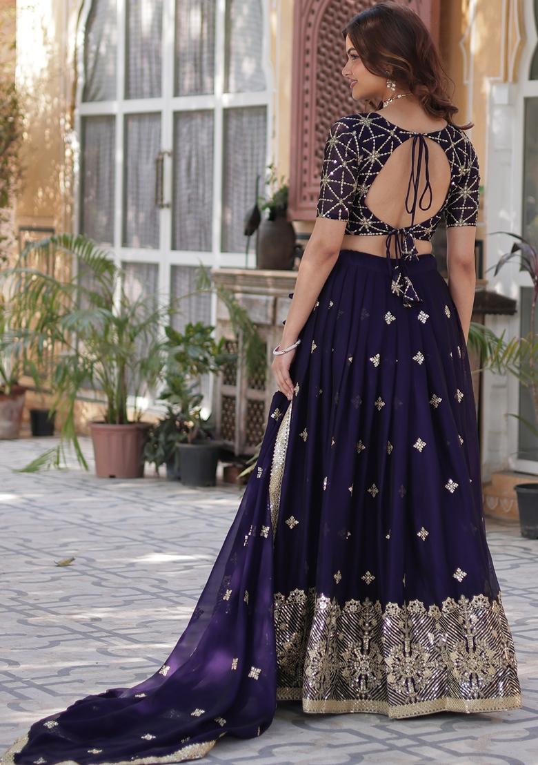 Violet Embroidered Silk Lehenga Set With Dupatta