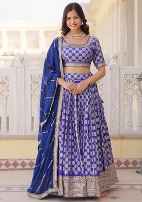 Blue Embroidered Georgette Lehenga Set With Dupatta