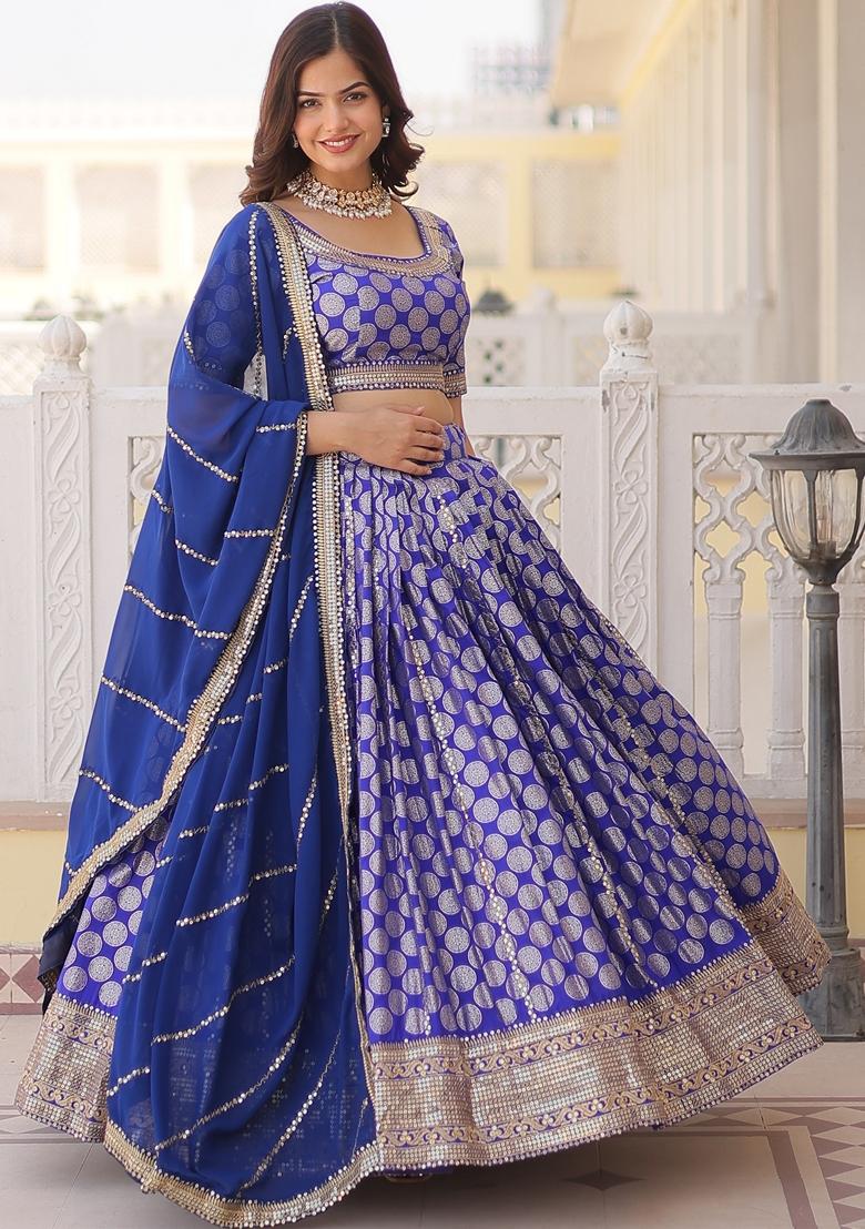 Blue Embroidered Georgette Lehenga Set With Dupatta