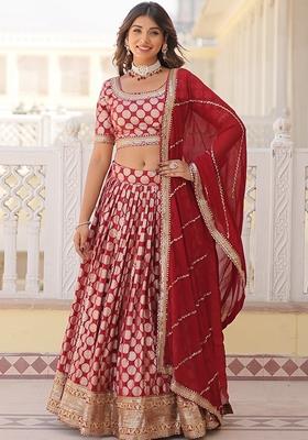 Maroon Embroidered Georgette Lehenga Set With Dupatta