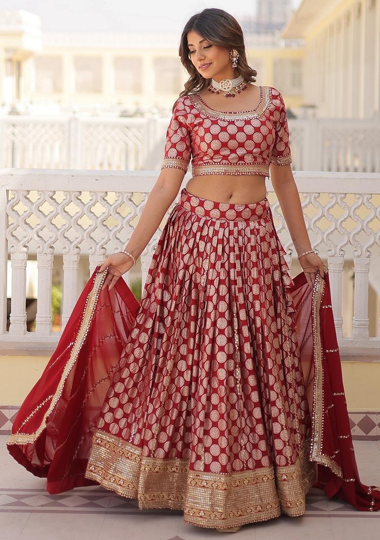 Maroon Embroidered Georgette Lehenga Set With Dupatta