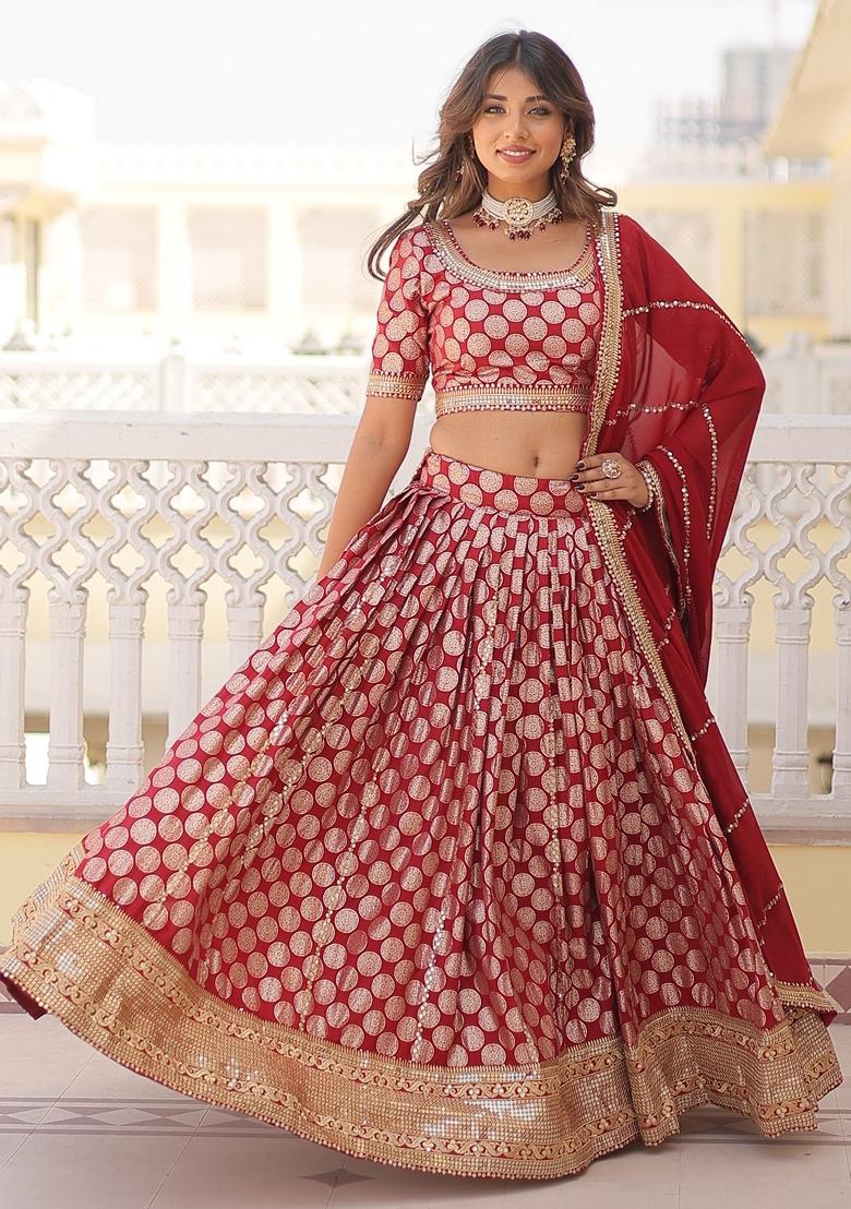 Maroon Embroidered Georgette Lehenga Set With Dupatta