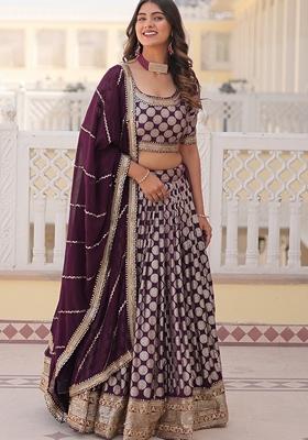 Purple Embroidered Georgette Lehenga Set With Dupatta