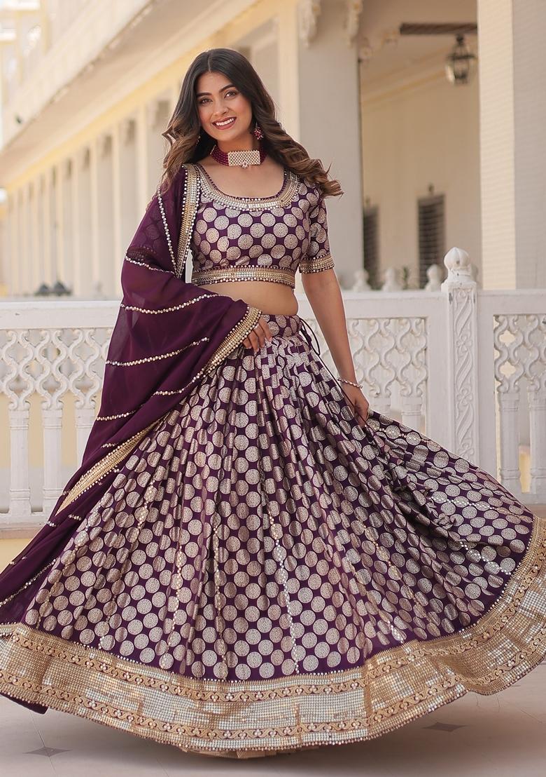 Purple Embroidered Georgette Lehenga Set With Dupatta
