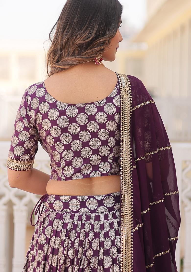 Purple Embroidered Georgette Lehenga Set With Dupatta