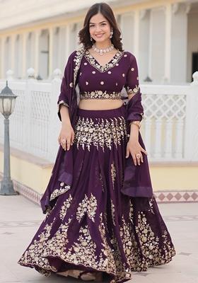 Purple Embroidered Georgette Lehenga Set With Dupatta