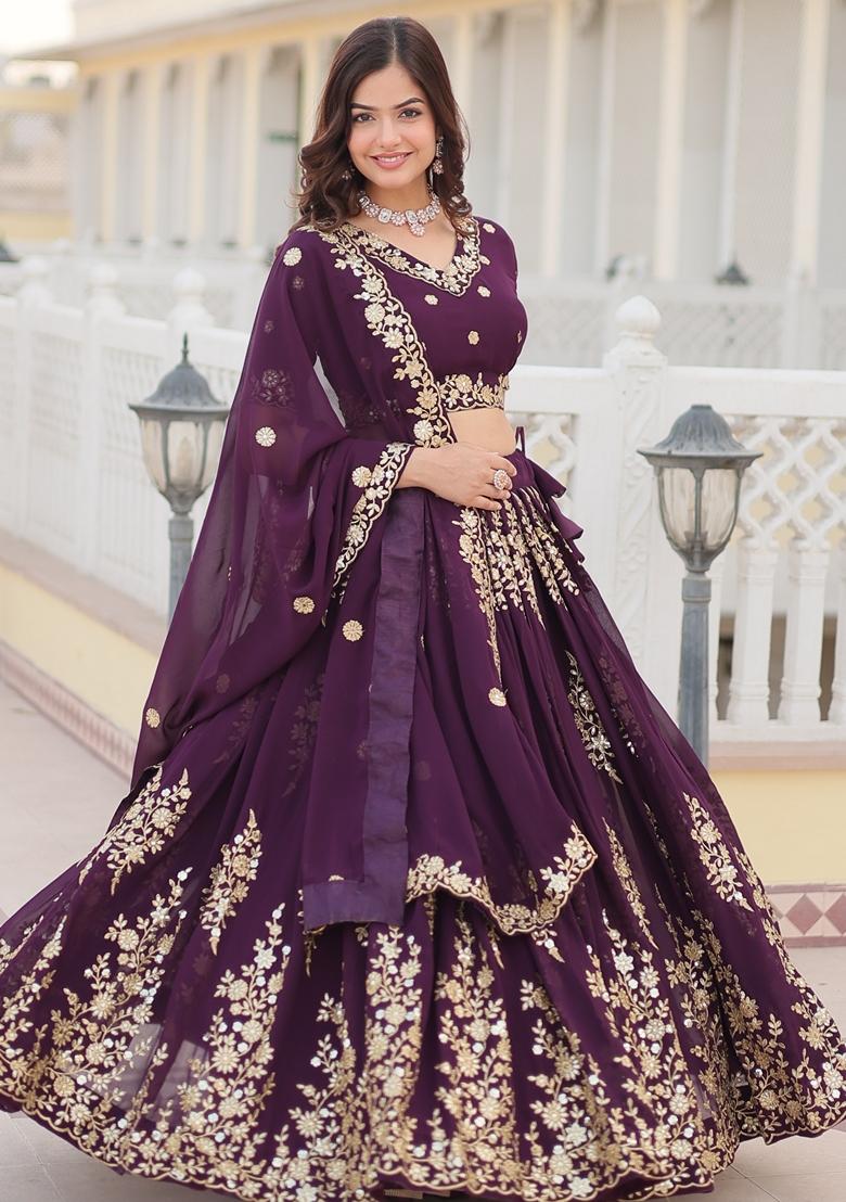 Purple Embroidered Georgette Lehenga Set With Dupatta