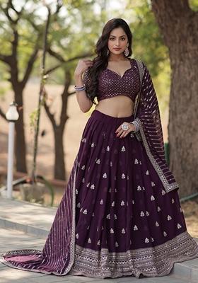 Purple Embroidered Georgette Lehenga Set With Dupatta