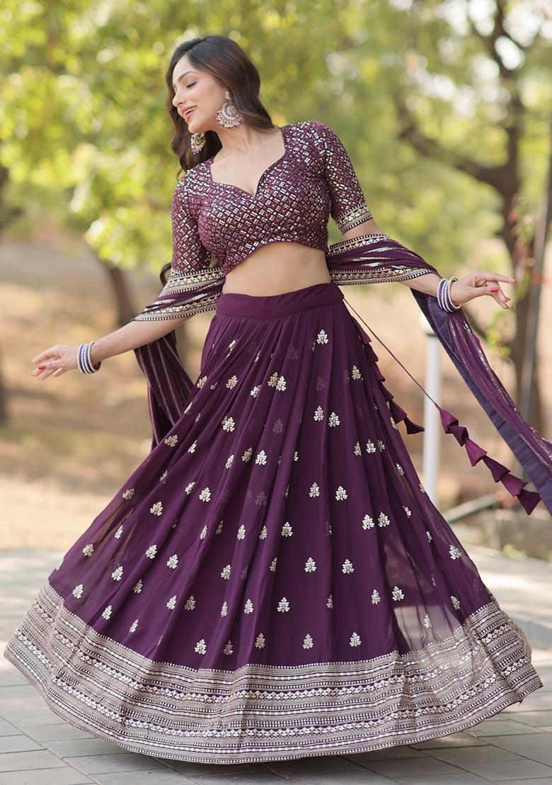 Purple Embroidered Georgette Lehenga Set With Dupatta