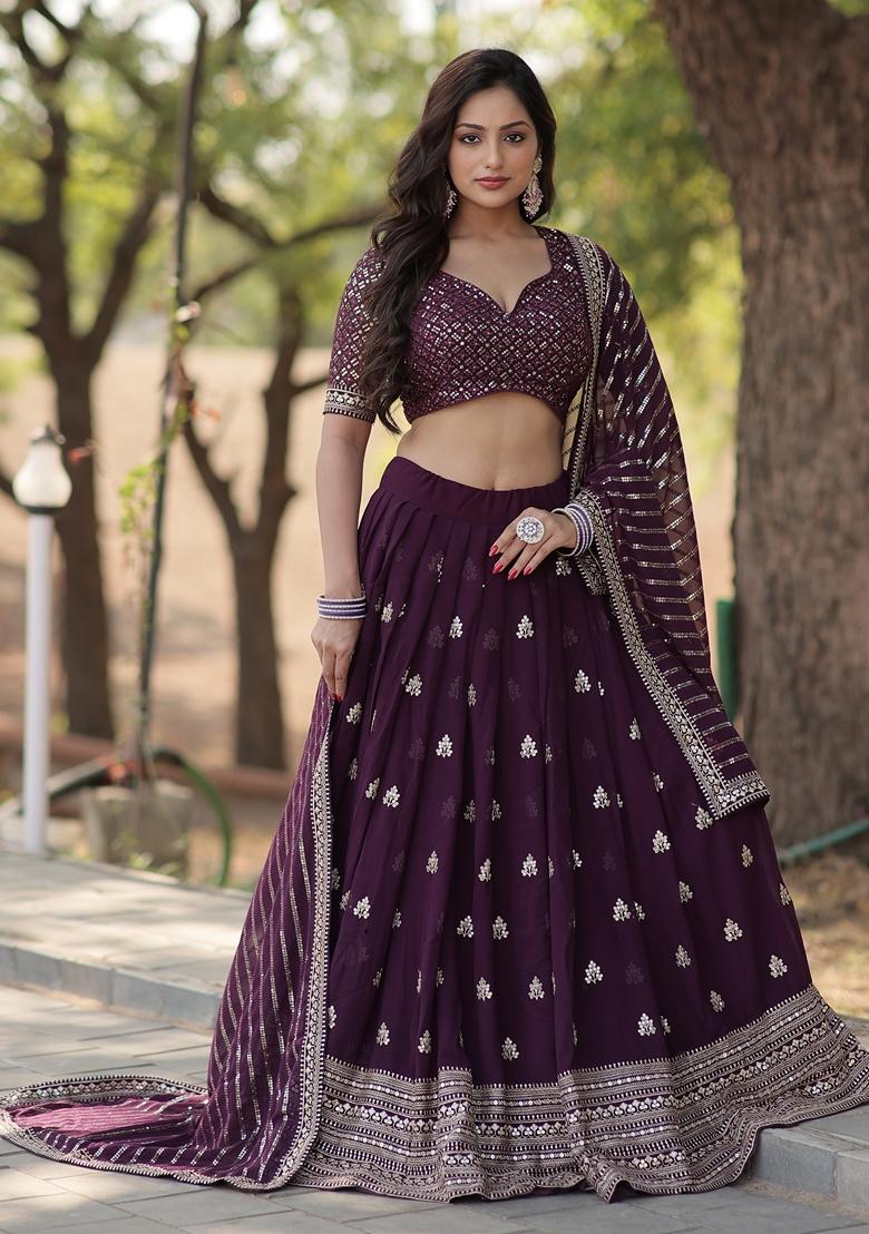 Purple Embroidered Georgette Lehenga Set With Dupatta