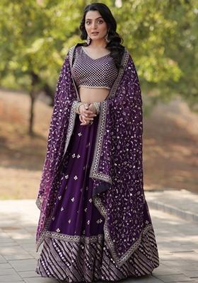 Violet Embroidered Georgette Lehenga Set With Dupatta