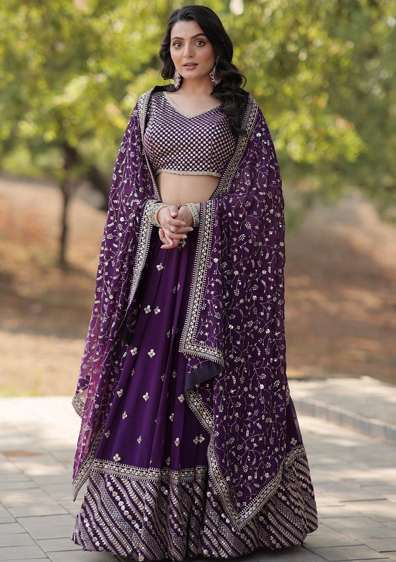 Violet Embroidered Georgette Lehenga Set With Dupatta