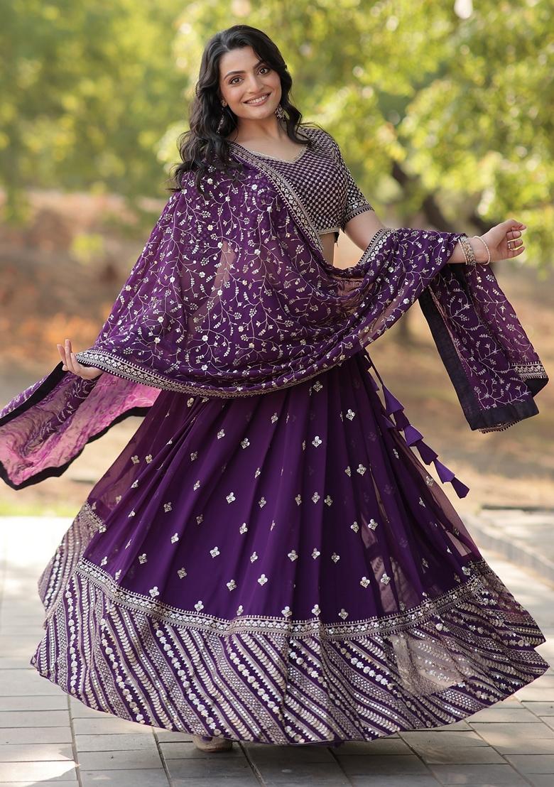 Violet Embroidered Georgette Lehenga Set With Dupatta