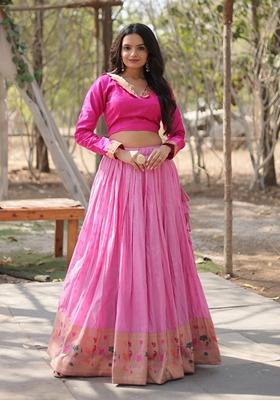 Pink Embroidered Viscose Lehenga Set With Dupatta
