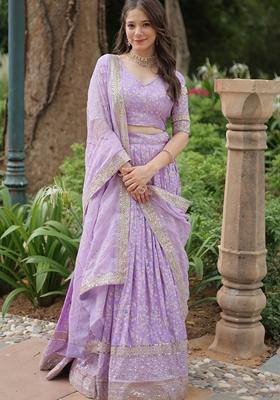 Lavender Embroidered Viscose Lehenga Set With Dupatta