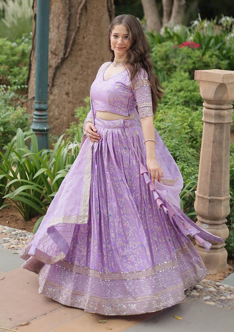 Lavender Embroidered Viscose Lehenga Set With Dupatta