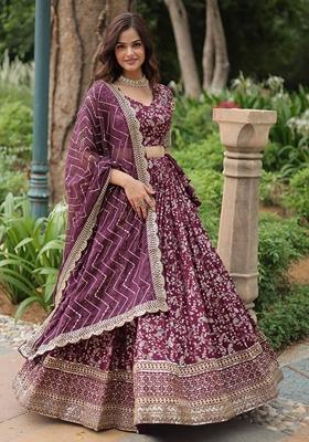 Purple Embroidered Viscose Lehenga Set With Dupatta