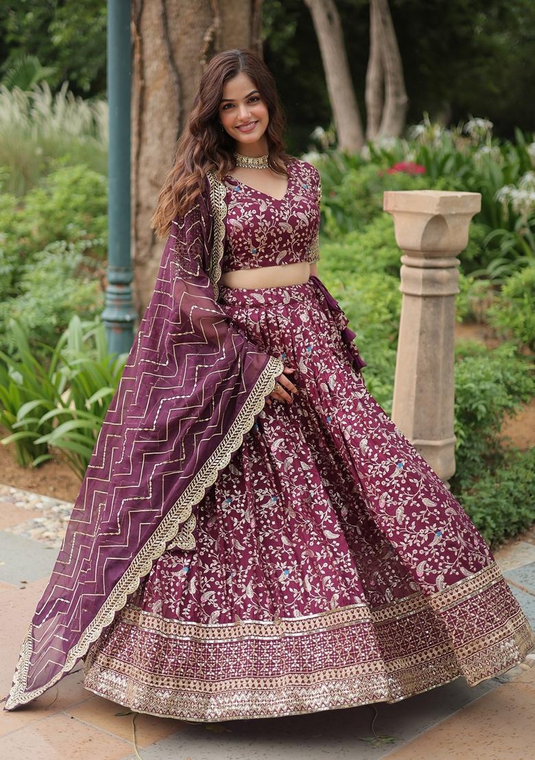 Purple Embroidered Viscose Lehenga Set With Dupatta