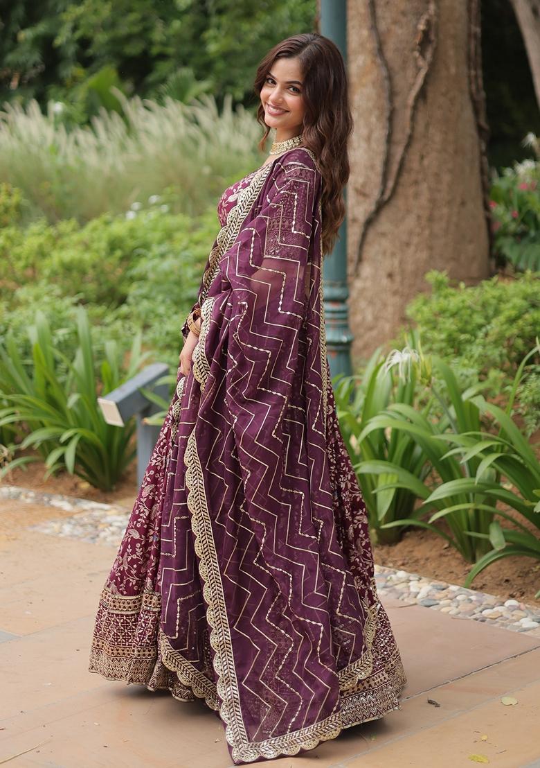 Purple Embroidered Viscose Lehenga Set With Dupatta