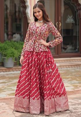 Red Embroidered Georgette Lehenga Set With Jacket