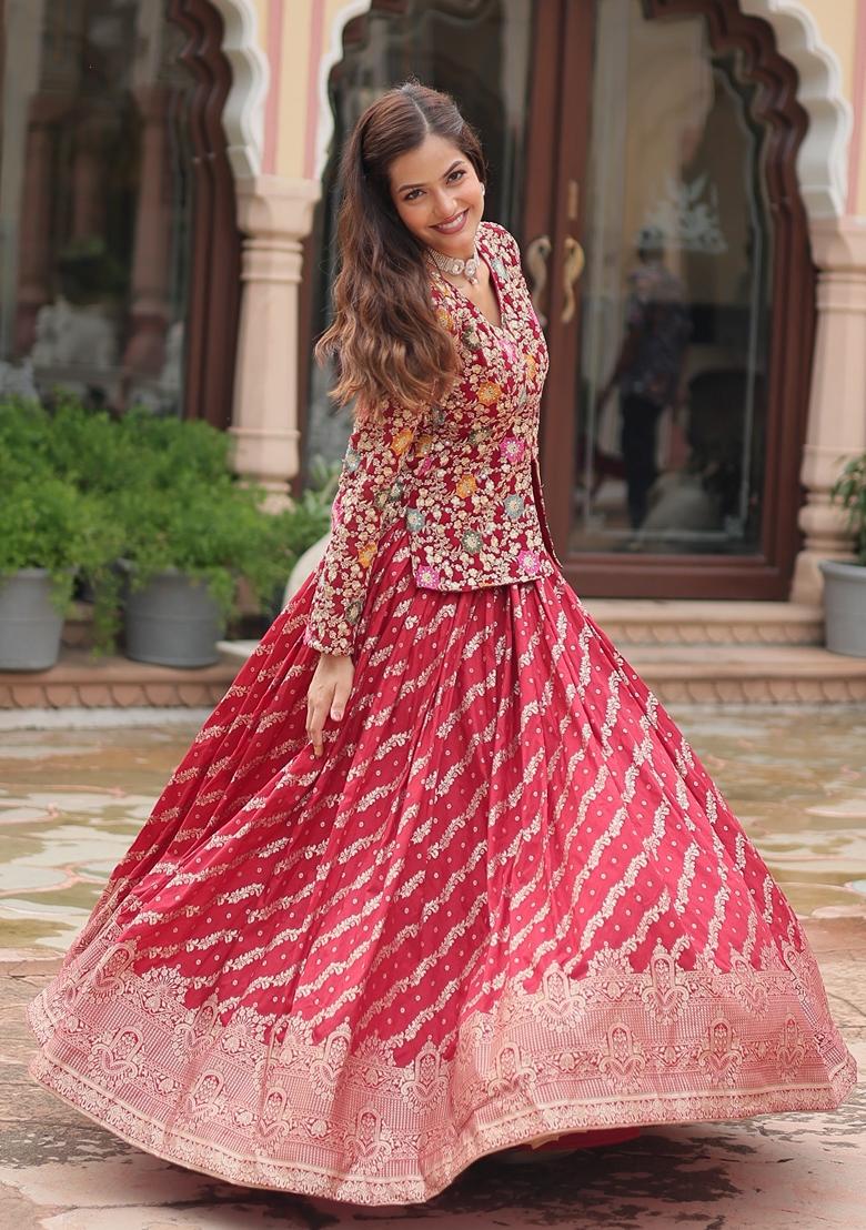 Red Embroidered Georgette Lehenga Set With Jacket 