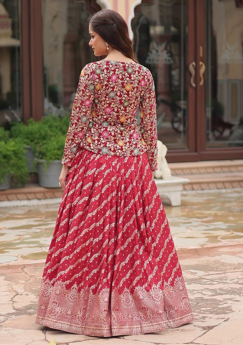 Red Embroidered Georgette Lehenga Set With Jacket 