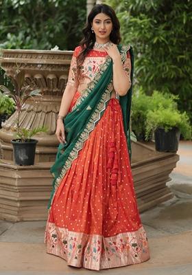Orange Embroidered Silk Lehenga Set With Dupatta