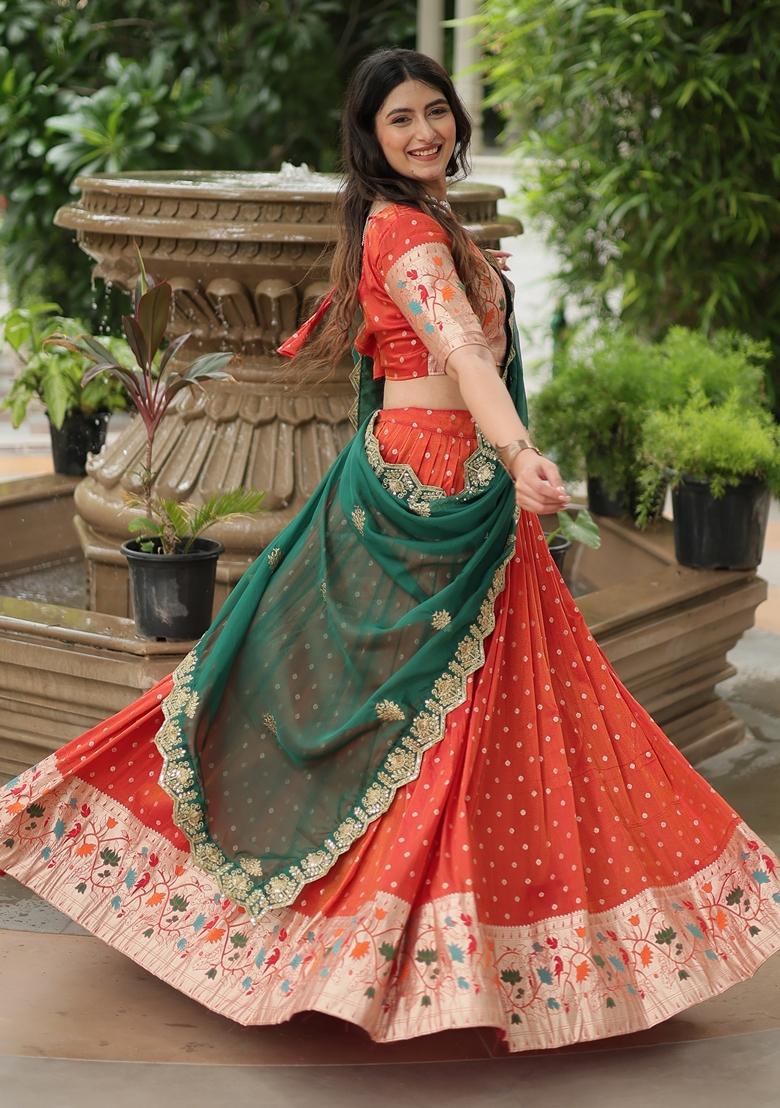 Orange Embroidered Silk Lehenga Set With Dupatta