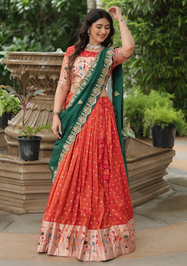 Orange Embroidered Silk Lehenga Set With Dupatta