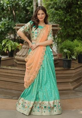 Turquoise Blue Embroidered Silk Lehenga Set With Dupatta