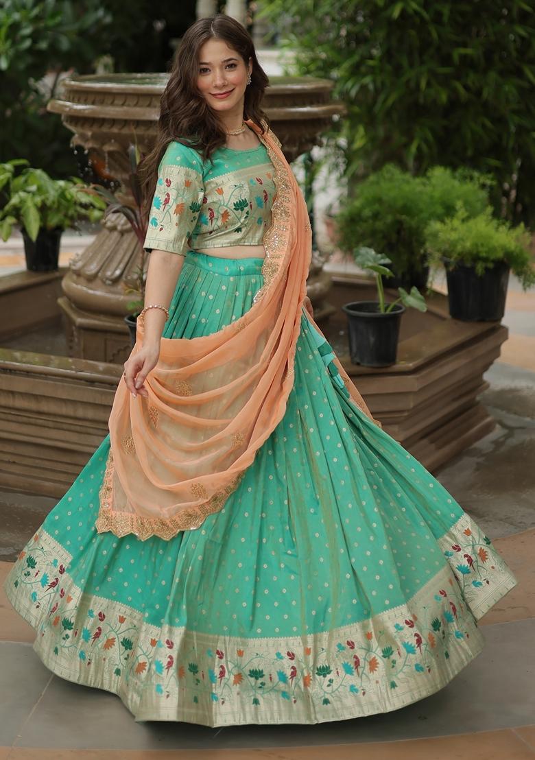 Turquoise Blue Embroidered Silk Lehenga Set With Dupatta