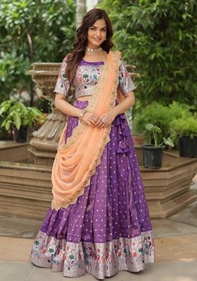 Violet Embroidered Silk Lehenga Set With Dupatta