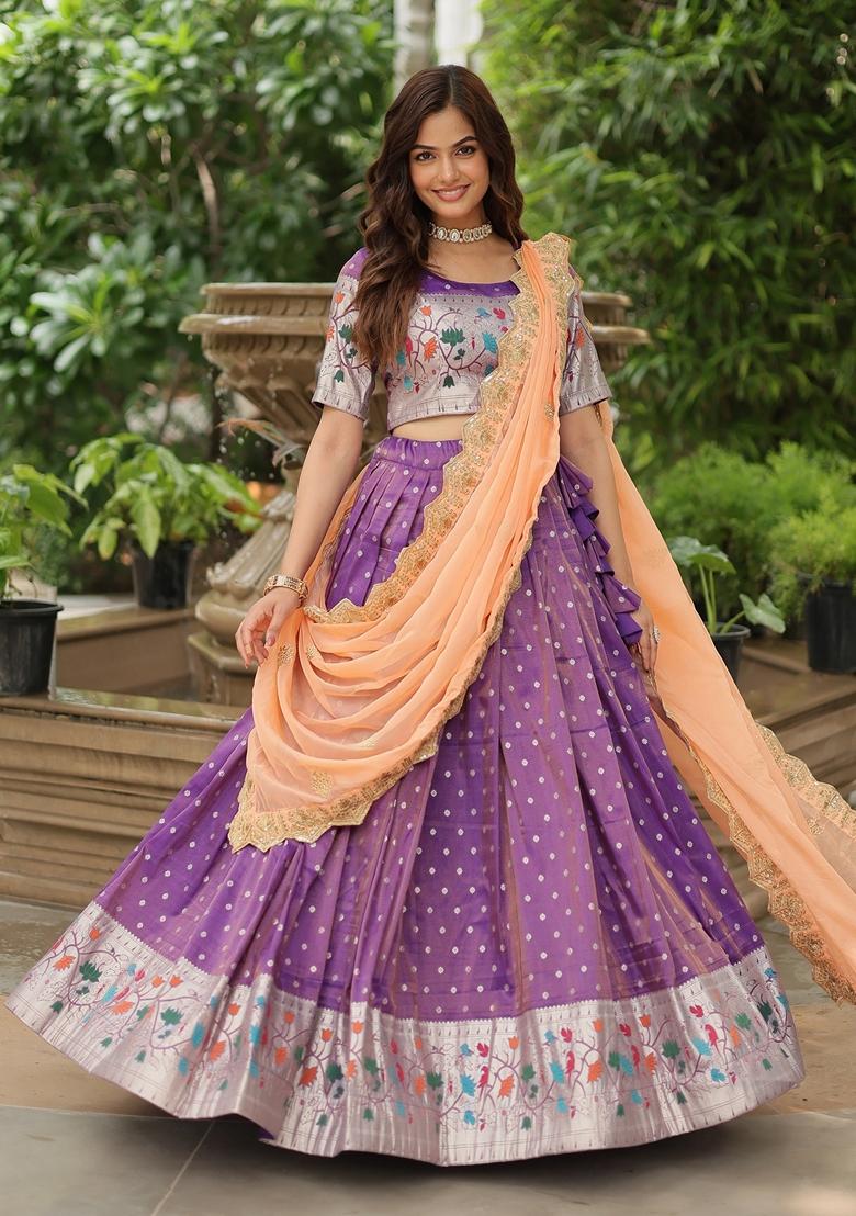 Violet Embroidered Silk Lehenga Set With Dupatta