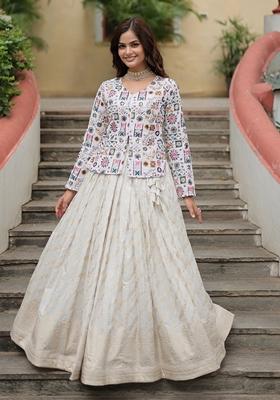 White Embroidered Georgette Lehenga Set With Jacket 