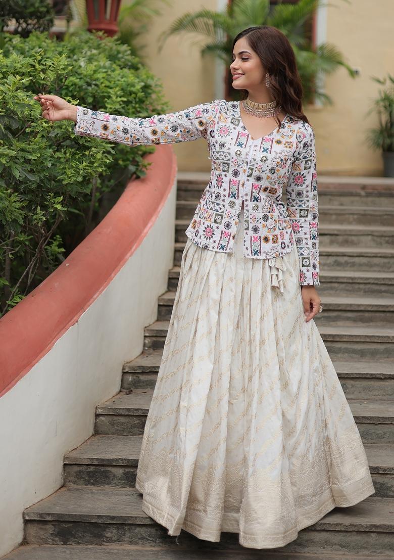White Embroidered Georgette Lehenga Set With Jacket 